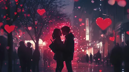 Urban Romance: Couple Kissing Among Glowing Red Hearts.