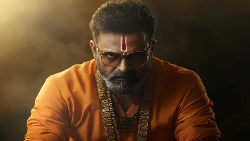 Intense holy man portrait in warm cinematic lighting.