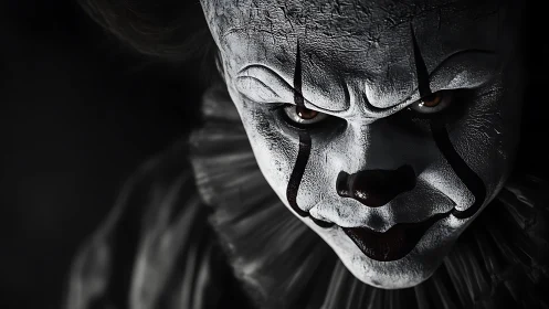 Sinister horror clown close-up under dramatic lighting.