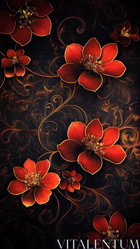 Red Luminous Flowers Golden Filigree Black Baroque.