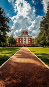 Symmetrical campus dome with axial brick promenade perspective.