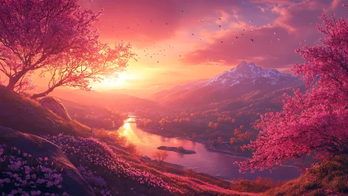 Golden sunset over pink blossom valley and winding river.