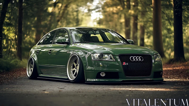 Forest road stance car glowing in soft golden daylight.