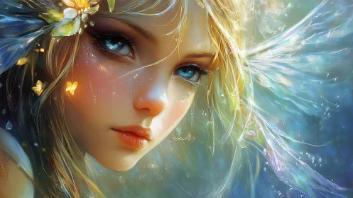 Close-up digital portrait of blue-eyed winged female figure.