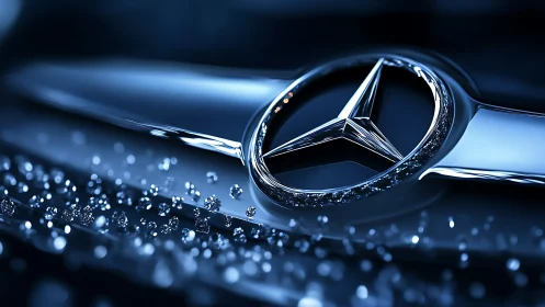 Gleaming silver car emblem rests among shimmering droplets