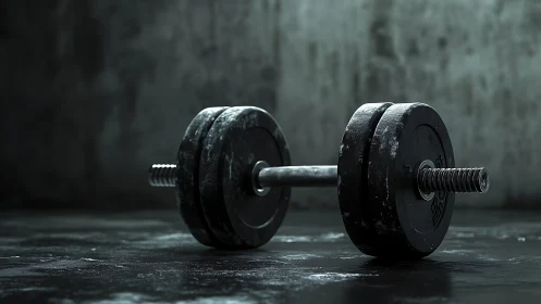 Black metal dumbbell on dark concrete gym floor.