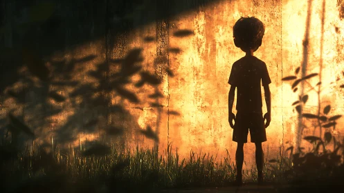 Silhouetted child stands in golden light against worn wall.