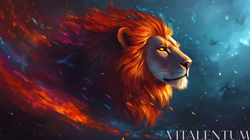 High contrast digital lion portrait with bifurcated color fields