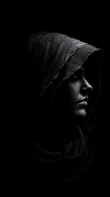 Hooded profile emerges from darkness in dramatic contrast