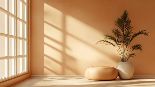 Minimalist sunlit corner with palm plant and soft pouf.