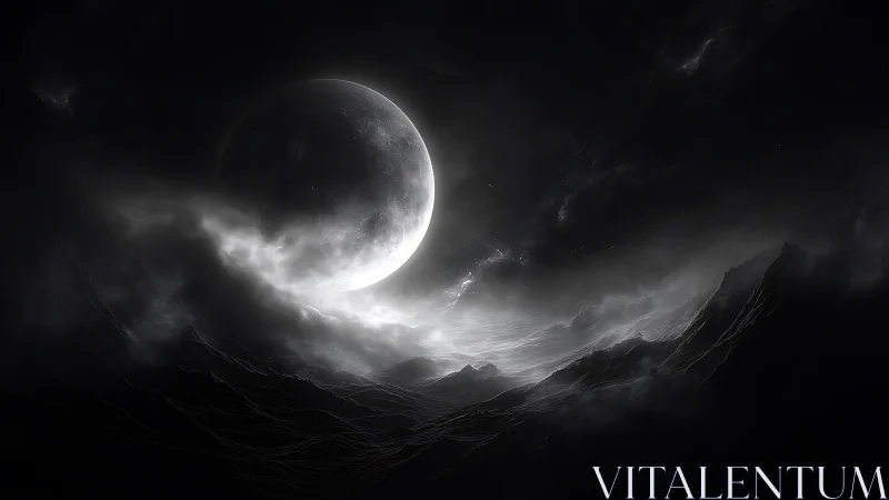 Crescent moon is rendered above luminous mist and ridges