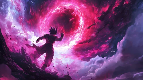 Heroic anime warrior facing a swirling cosmic portal.
