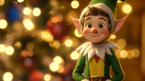 Smiling 3D Christmas elf character before defocused festive bokeh