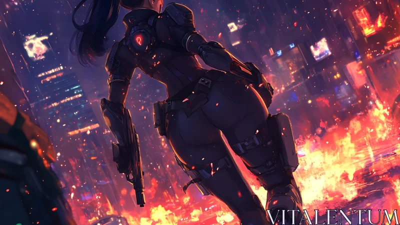 Heavily armed cybernetic agent advances through burning neon cityscape