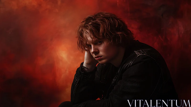 Young person in dark clothing against red textured backdrop.