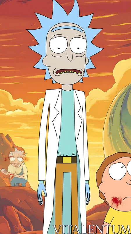 Tall cartoon scientist stands in alien desert landscape