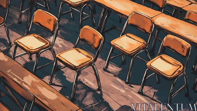 Empty school chairs in stylized classroom perspective view.