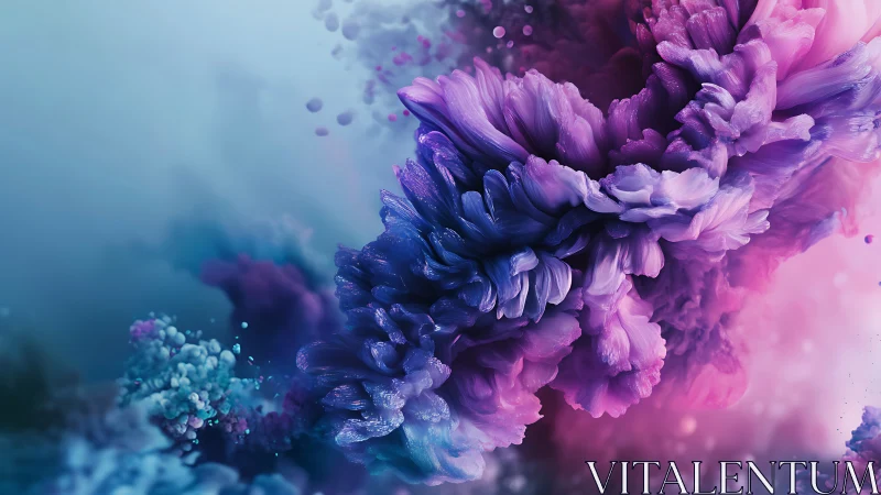 Vibrant violet ink cloud swirls through dreamy teal haze