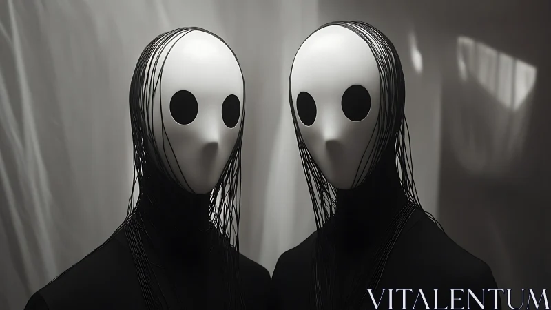Surreal twin figures with white masks and black strands.