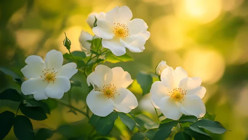 White Roses in Golden Sunlight: Delicate Blooms with Yellow Stamens.