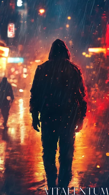 Mysterious hooded wanderer walks through a glowing rainy city