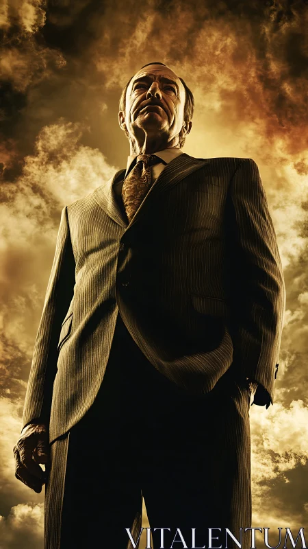 Low angle senior businessman in pinstripe suit under storm sky