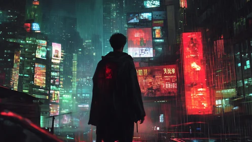 Lone figure in neon rain within dense cyberpunk skyline.