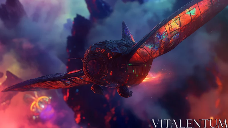 Futuristic winged spacecraft in multicolored nebula field.