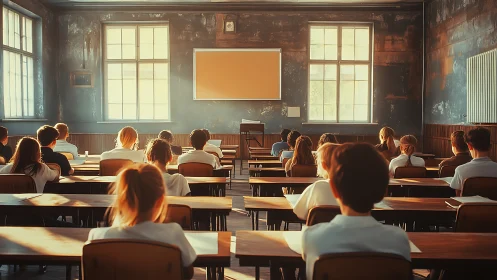 Vintage Classroom Lecture Hall with Golden Sunlight.