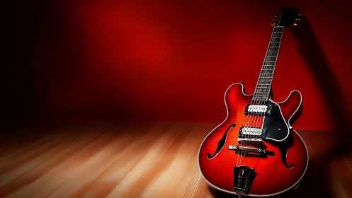 Semi-hollow red electric guitar under directional studio lighting.