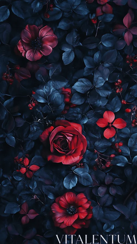 Red and Pink Flowers Blooming Among Dark Blue Foliage