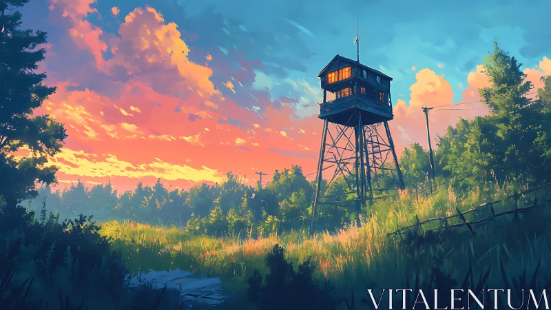 Sunset lookout tower glowing over a quiet summer hillside.