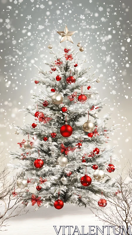 Symmetric snowfall-framed Christmas tree ornament array.