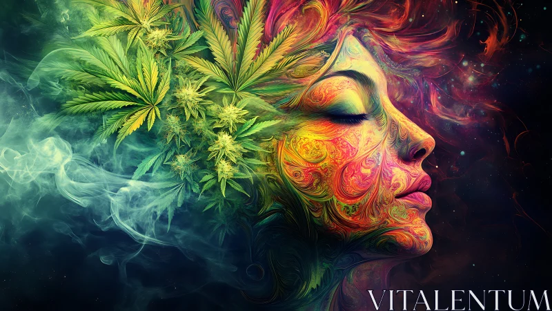 Psychedelic cannabis muse with swirling chromatic facial filigree.