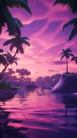 Neon Tropical Paradise: Magenta Sunset Over Lagoon Waters