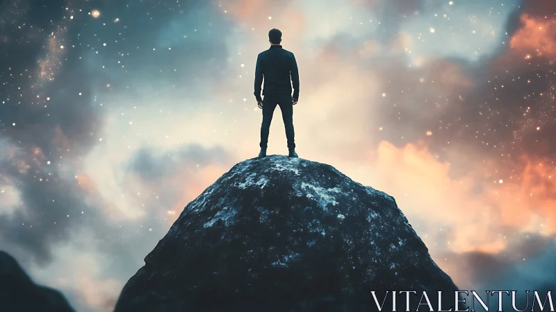 Silhouetted figure on rocky peak beneath dense starfield.