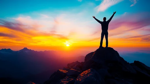 Silhouette on mountain peak under vivid sunrise sky.