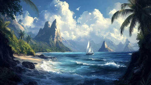 Tropical Lagoon with Sailboat and Towering Peaks.