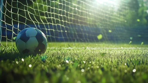 Soccer ball rests on grass directly in front of goal net