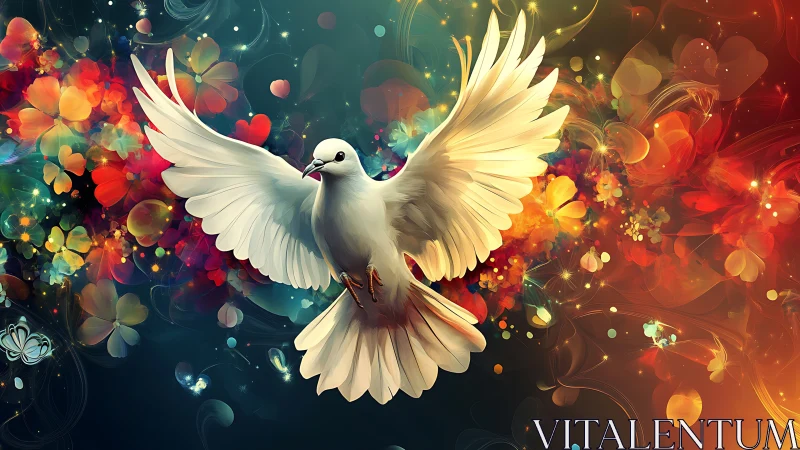 Radiant dove cruising through kaleidoscopic bloomstorm skies.