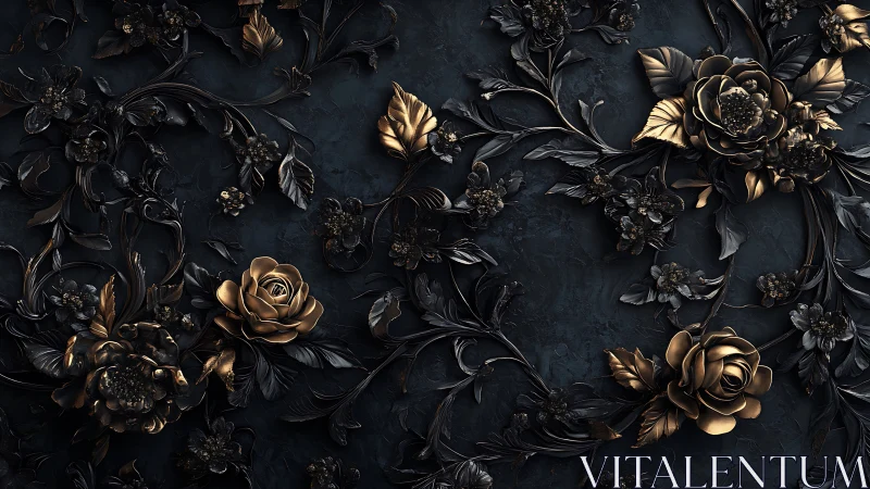 Sculptural floral relief with gold-leaf roses against dark metallic surface.