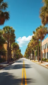 Linear palm boulevard under vanishing-point perspective sky.