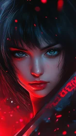 Neon-lit cyber warrior portrait with red embers and blade glow.