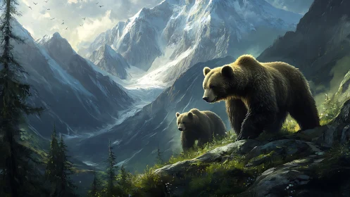 Triadic brown bear patrol across glaciated alpine valley panorama.