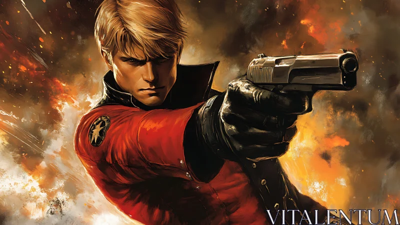 Blond gunslinger in crimson jacket amid roaring firestorm.