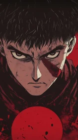 Defiant anime warrior stares ahead in blood-red shadows.