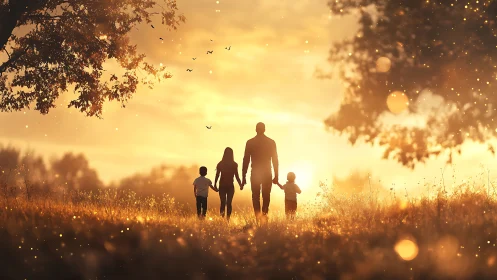 Silhouetted family walks through backlit field at sunset