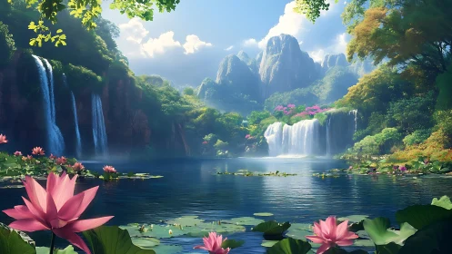 Mountain lake with waterfalls and lotus-covered foreground pond.
