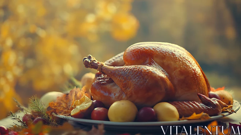 Roasted whole turkey on harvest table in warm autumn light.
