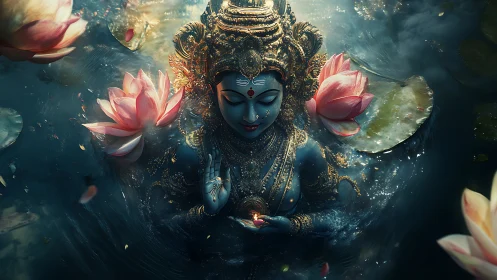 Glowing blue goddess rests amid lotus flowers and misty water